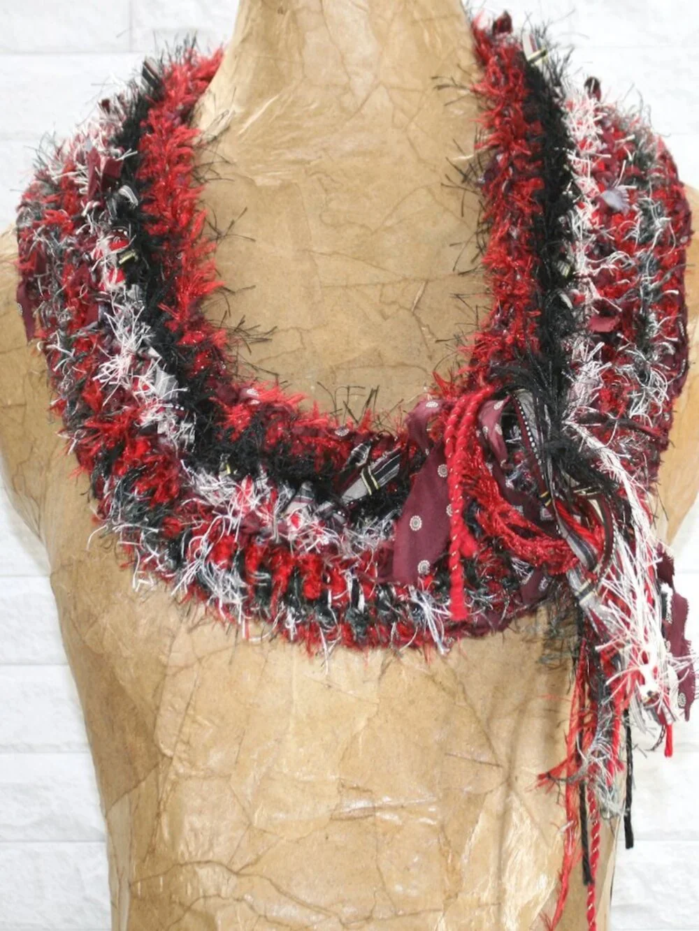 HAND CRAFTED Scarf Upcycled Crochet Infinity Oversize Eyelash Necktie Red Stripe